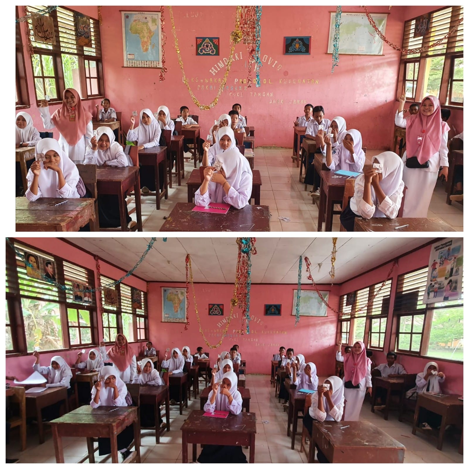 Petugas  puskesmas tanjung makmur memberikan tablet FE kepada Seluruh remaja putri  SMPN 02 SILAUT.