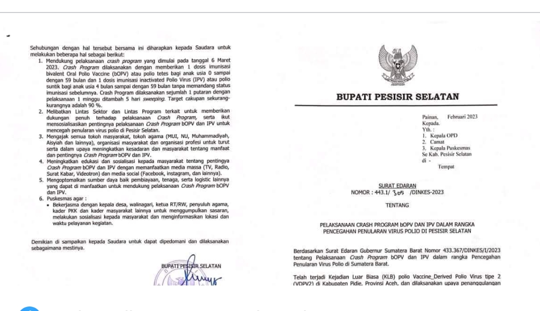 SURAT EDARAN BUPATI PESISIR SELATAN TENTANG CRASH PROGRAM IMUNISASI POLIO DI KAB. PESSEL TAHUN 2023