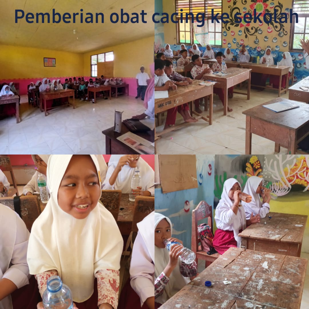 puskesmas tanjung makmur melakukan pemberian obat caing ke sekolah SDN 04 Silaut