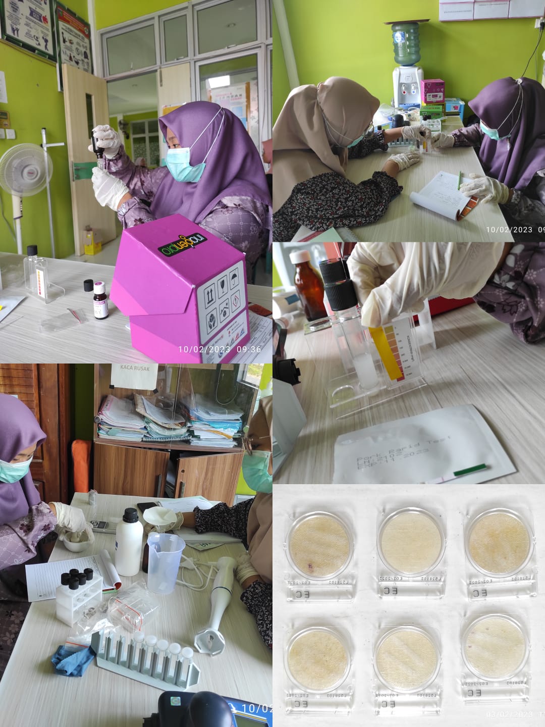 Petugas kesling dan tim melakukan uji kualitas air dan makanan menggunakan Sanitarian kit yang ada d