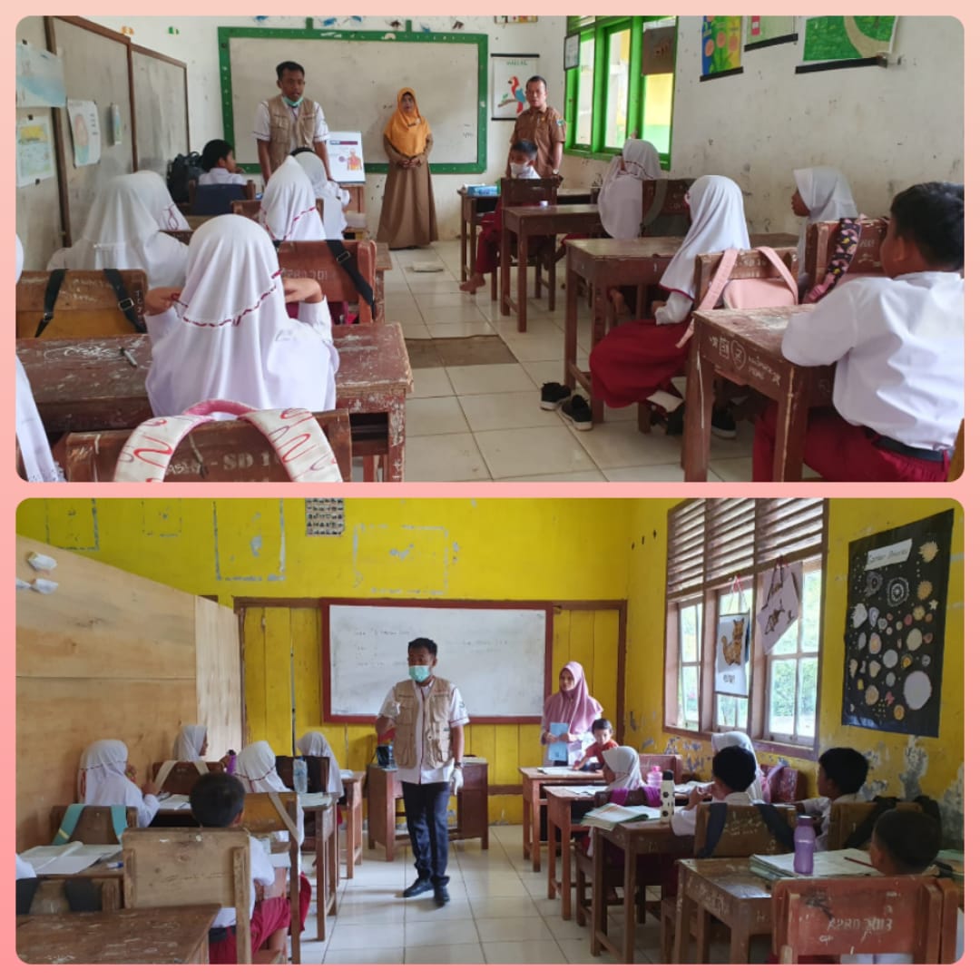 tim dari puskesmas tanjung makmur melakukan pemberian obat cacing ke sekolah SDN 03 Silaut